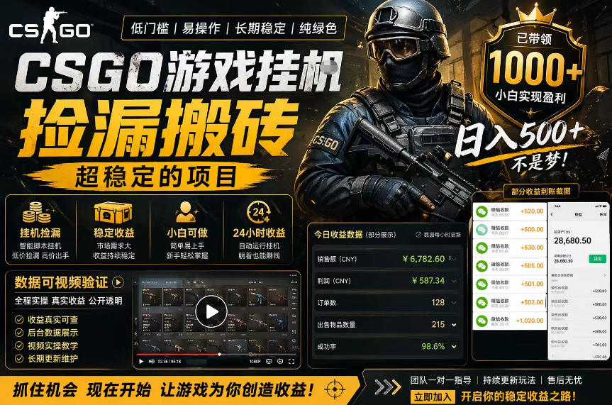 CSGO游戏搬砖，全自动挂G，不需要玩游戏，手机操作日入300+，解放双手【揭秘】-源创文化-轻创终点站