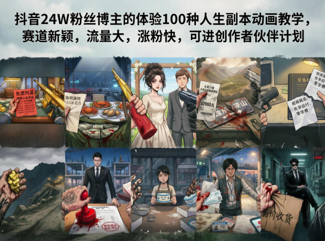 抖音24W粉丝博主的体验100种人生副本动画教学，赛道新颖，流量大，涨粉快，可进创作者伙伴计划-源创文化-轻创终点站