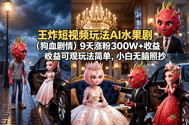 王炸短视频玩法AI水果剧(狗血剧情)9天涨粉300W+收益可观玩法简单,小白无脑照抄,详细拆解玩法-源创文化-轻创终点站
