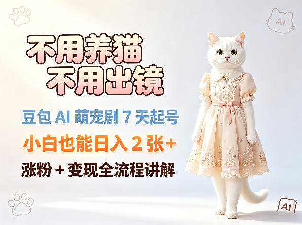 不用养猫不用出镜,豆包AI萌宠剧7天起号,小白也能日入2张+,涨粉+变现全流程讲解-源创文化-轻创终点站