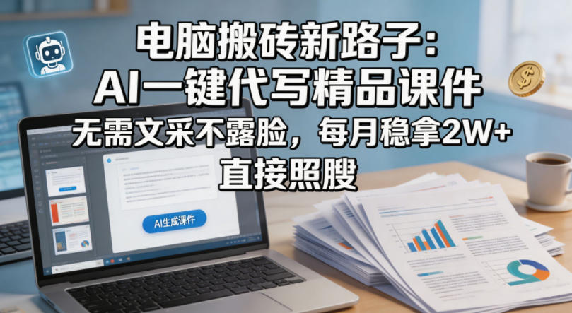 电脑搬砖新路子：AI一键代写精品课件，无需文采不露脸，每月稳拿2W+，直接照搬-源创文化-轻创终点站